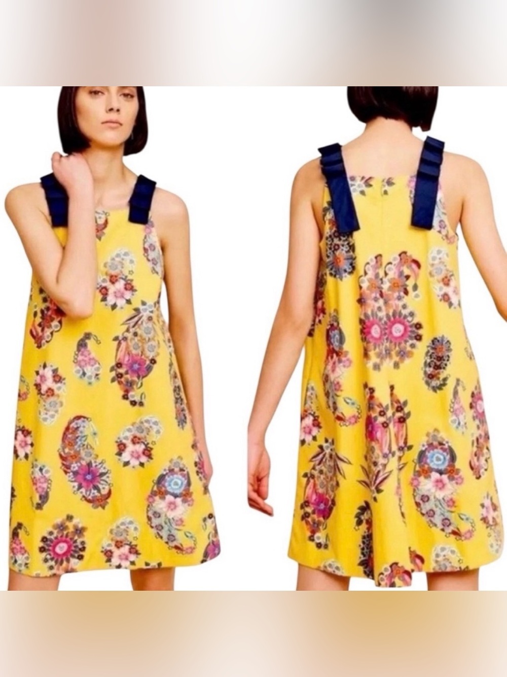 Maeve | Sunniva Yellow Floral Paisley Dress with Navy Straps | XS P2P 18”